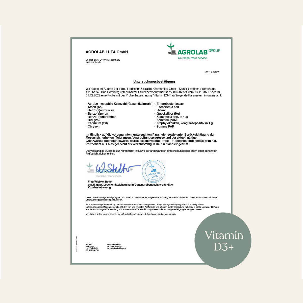 Vitamin D3+ Zertifikat von Agrolab