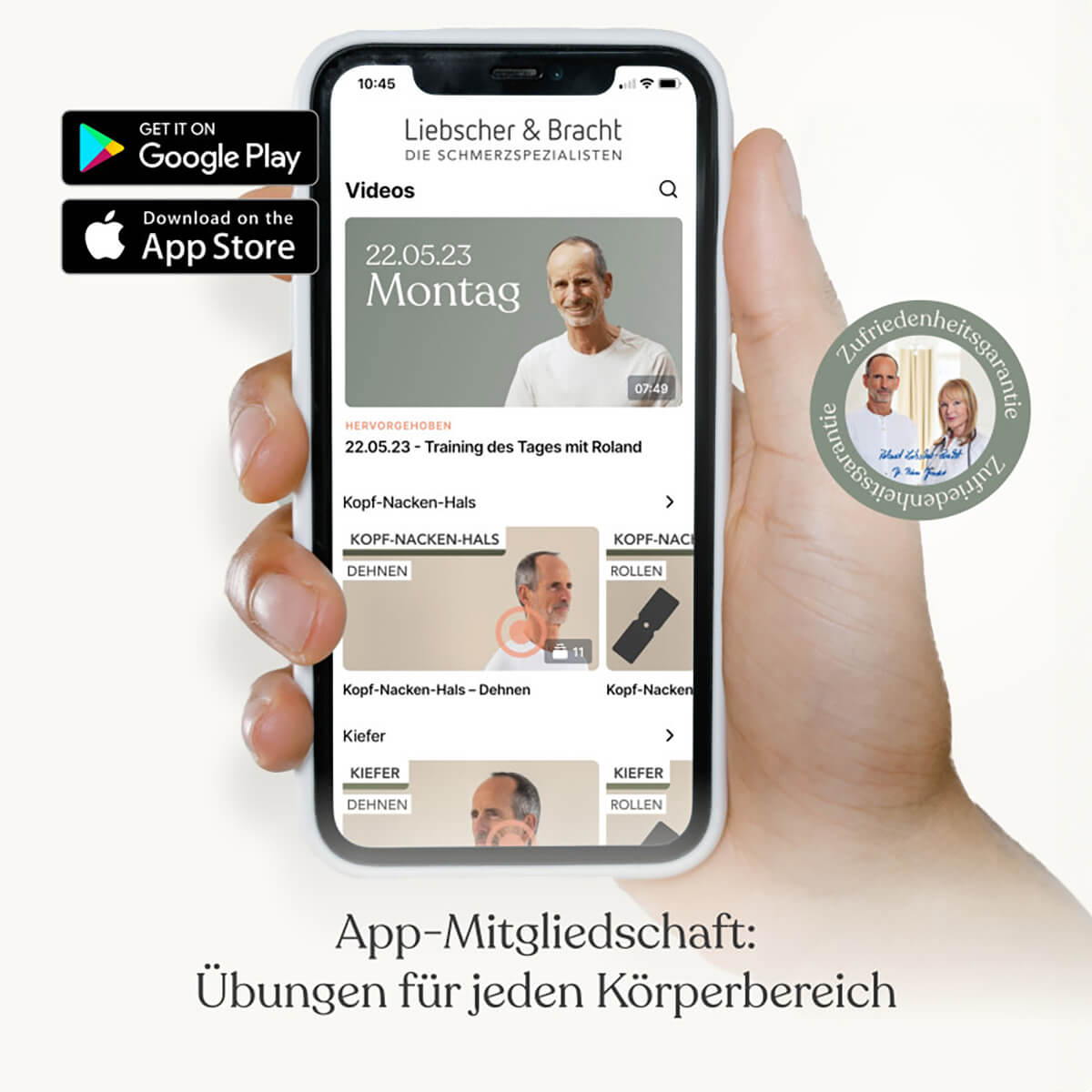 Die Liebscher & Bracht App  mit Übungen für jeden Körperbereich wird auf einem Smartphone gezeigt.